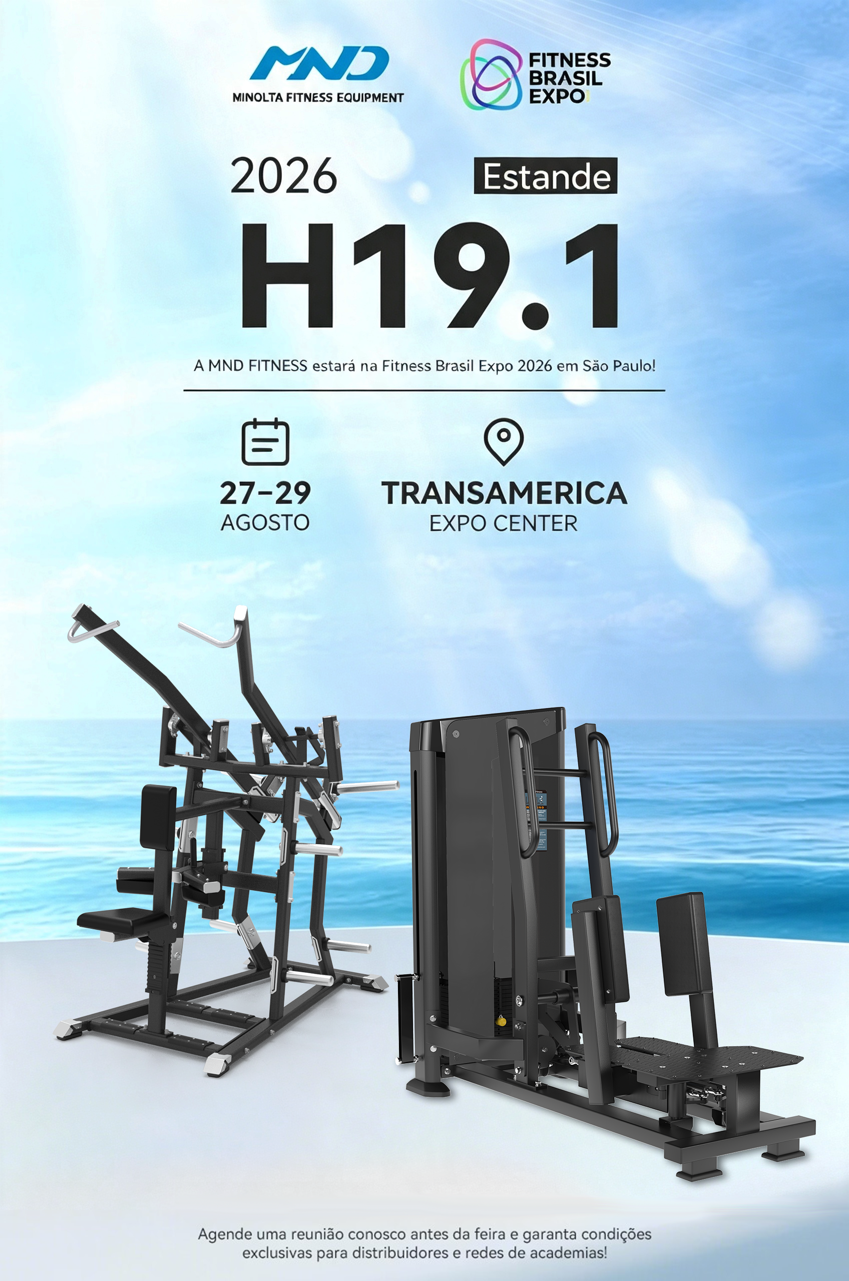 Conheça a Minolta Fitness na Fitness Brasil Expo 2026 — Vitrine completa de equipamentos comerciais no estande H19.1